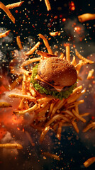 Delicious burger with fries and sauces