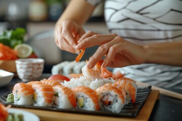 woman placing a piece of shrimp on sushi rice
