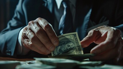 closeup of a successful businessman in suit counting us dollars reflecting wealth and financial success - obrazy, fototapety, plakaty