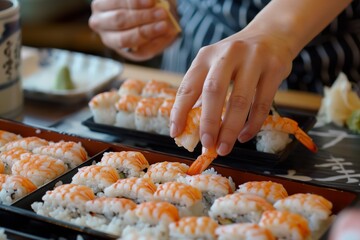 woman placing a piece of shrimp on sushi rice