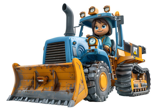 A 3D animated cartoon render of a blue bulldozer with a smiling operator inside.