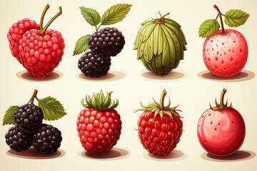 Colorful summer berries icons - blackberries, strawberries, raspberries - fresh fruit illustrations