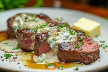 Roasted beef fillet with Gorgonzola sauce, beef fillets, ground nutmeg, flour, milk, diced Gorgonzola, chopped flat-leaf parsley, butter, served in plate