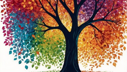 A vibrant digital artwork depicting the colorful tree with cascading leaves Generative AI
