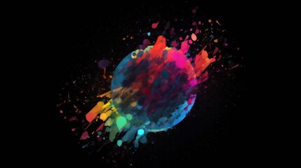 An abstract, vibrant splash forming a spherical shape with a dark background, suggesting a cosmic event