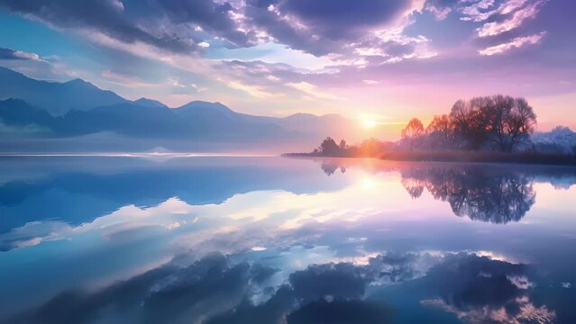 A sunrise over a tranquil lake its surface mirroring the soft blues pinks and purples of the sky. The image symbolizes a new beginning and the awakening of the body and mind