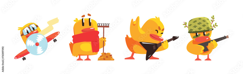 Poster Funny Chick Character in Different Activity Vector Set