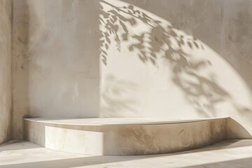 Blank beige brown cement curve counter podium with texture, soft beautiful dappled sunlight, leaf shadow on white wall 