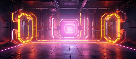 A neon sign in a dark room emits a violet light, creating a symmetrical pattern with electric blue accents. The font is bold and the colors glow like gas at a neon event