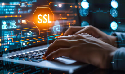 Fototapeta premium Person Using Laptop with Virtual Interface Displaying SSL (Secure Sockets Layer) and Security Icons for Encrypted Internet Communication and Data Protection