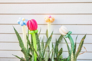Balloons twisted into a blossoming flower bouquet in garden,Flowers Balloon to decorate the place,bouquet with colorful balloon flowers..