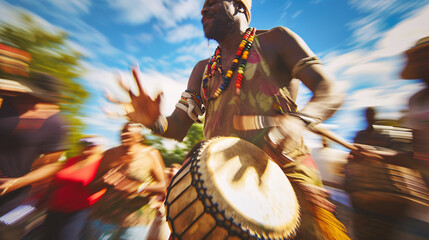 a festival-goer reveling in the vibrant energy of a drum circle, their hands beating out a rhythmic cadence