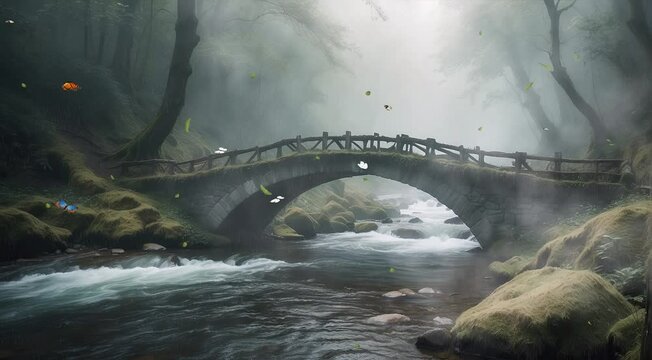Enigmatic Passage: Old Bridge Amidst Foggy Forest in 4K Video Loop