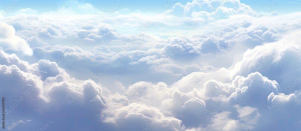 Wall mural an image showing a plane soaring through a sky filled with fluffy white clouds