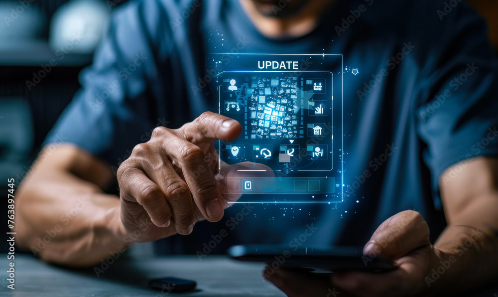 Poster individual interacting with smartphone during software update process displayed through augmented re