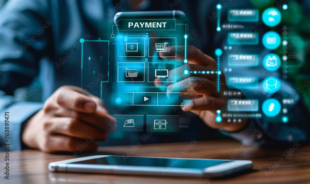 Poster executive completing a secure online payment transaction on smartphone with digital verification int