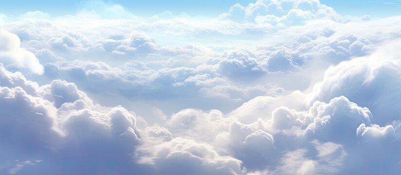 An image showing a plane soaring through a sky filled with fluffy white clouds