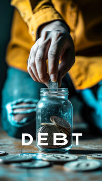 A person holds a bag with a dollar sign, representing the burden and concept of debt, while the word DEBT is displayed prominently, symbolizing the financial obligations and challenges many face