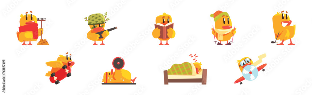 Poster funny chick character in different activity vector set