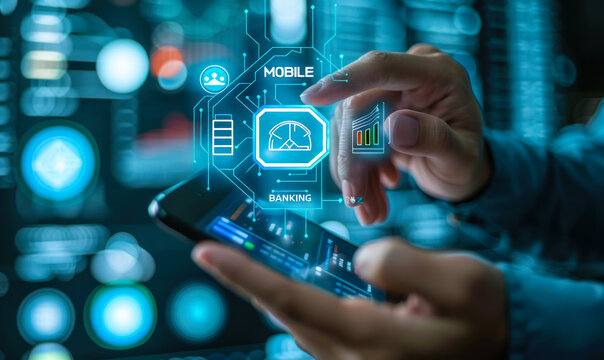 Futuristic mobile banking & digital financial services concept, person using smartphone holographic currency, banking, money transfer icons, integration of technology in modern financial transactions