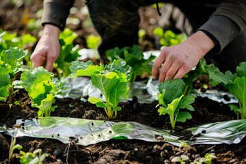 person placing reflective mulch around plants to deter aphids