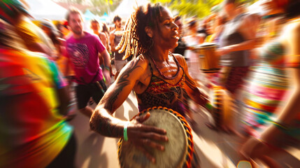 a festival-goer reveling in the vibrant energy of a drum circle, their hands beating out a rhythmic cadence - obrazy, fototapety, plakaty