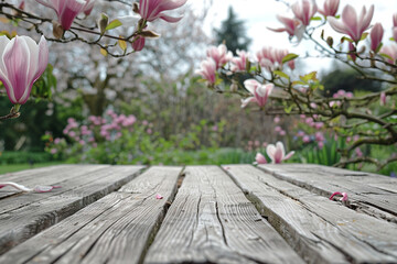flowers in the garden with wooden podium 