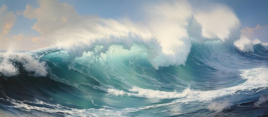 A beautiful painting depicting a massive wind wave in the ocean, with a backdrop of a cloudy sky and a distant horizon - obrazy, fototapety, plakaty