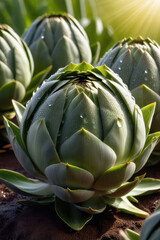 Fototapeta premium Ripe artichoke growing on a branch in the plantation area.