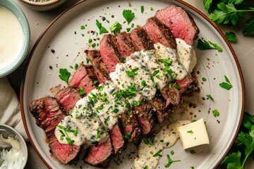 Roasted beef fillet with Gorgonzola sauce, beef fillets, ground nutmeg, flour, milk, diced Gorgonzola, chopped flat-leaf parsley, butter, served in plate