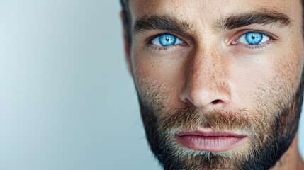 Obraz premium the charming gaze of a handsome man with blue eyes is highlighted in this closeup shot with a white background