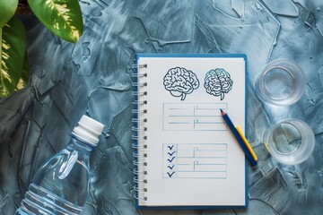 notepad with brain health checklists and a water bottle nearby - obrazy, fototapety, plakaty