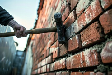 person with sledgehammer midswing at a brick wall