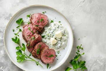 Roasted beef fillet with Gorgonzola sauce, beef fillets, ground nutmeg, flour, milk, diced Gorgonzola, chopped flat-leaf parsley, butter, served in plate - obrazy, fototapety, plakaty