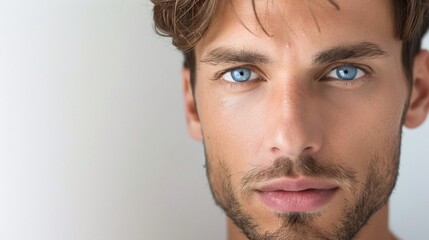 Fototapeta premium closeup of a handsome man with piercing blue eyes on a white background with ample copy space for text