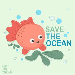 Earth Day greeting card. Save The Ocean greeting card. Cute cartoon Earth icon or symbol. 22 april, vector illustration.