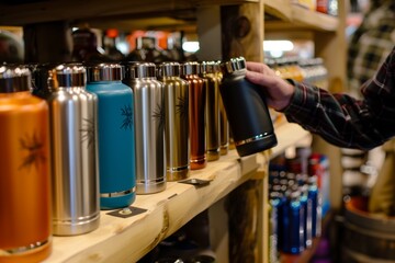 assortment of insulated flasks displayed with customer choosing one - obrazy, fototapety, plakaty