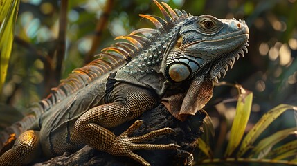 Fototapeta premium an iguana camouflage among the green leaves of the amazon rainforest showcased in a vibrant closeup