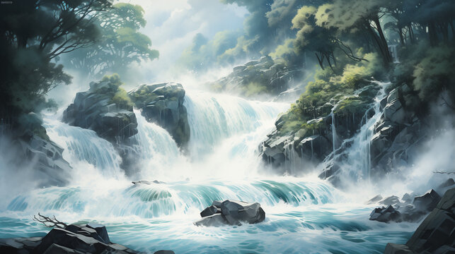 In the watercolor painting, a serene waterfall cascades through a lush forest oasis, surrounded by vibrant foliage and rocks.