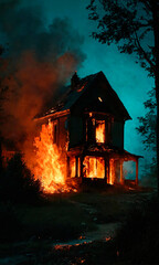 An eerie image captures the frightening moment of a house engulfed in fierce flames during the night, with the surrounding darkness amplifying the intensity of the blaze.
