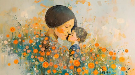 Timeless of motherhood moment between a mother and her child with surrounded by vibrant floral  and soft pastel colors