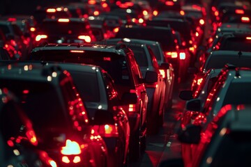 traffic jam with endless row of red tail lights - obrazy, fototapety, plakaty