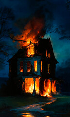 The image presents a haunting scene with a Victorian-style house ablaze against the night sky, a glow of fire casting a disturbing light through the windows.