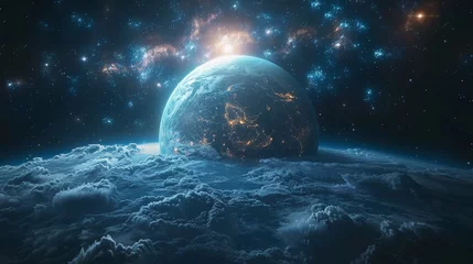 Foto op Plexiglas 3D illustration of a planet unlike ours, an exoplanet in outer space, and an alien planet in far space. Fantasy landscape, galaxy, unknown planet, neon space galaxy portal. © DZMITRY