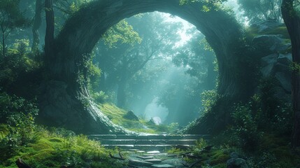 Imaginary magic portal in elven forest. Painting. Illustration. Hyper-realistic. 3D illustration....