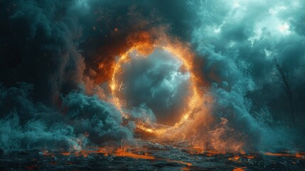 Three-dimensional render, raster illustration of a portal between dimensions. Fantasy portal effect. Smoke in a circle formation. Science fiction universe exploration. - obrazy, fototapety, plakaty