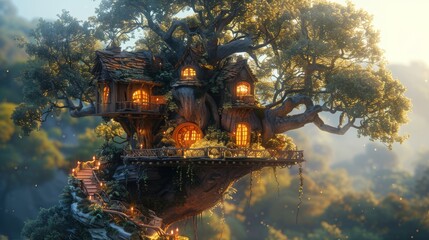 An imaginary tree house in a fairytale landscape. Raster illustration of a fantasy tree house in a fairytale landscape. 3D render.