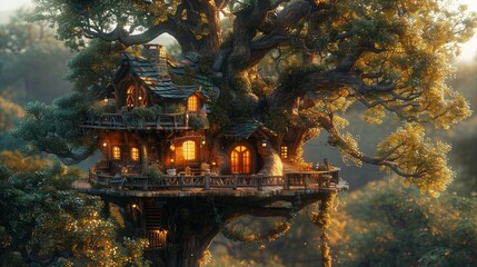 This is a fairytale fantasy landscape, tree house. This is a 3D-render, raster illustration. - obrazy, fototapety, plakaty