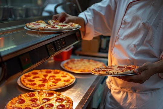 chef placing fresh pizza slices in canteen display