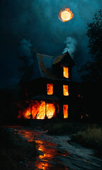 The image depicts a dramatic night scene where a solitary house is engulfed in flames, with the fire's glow illuminating the dark surroundings.